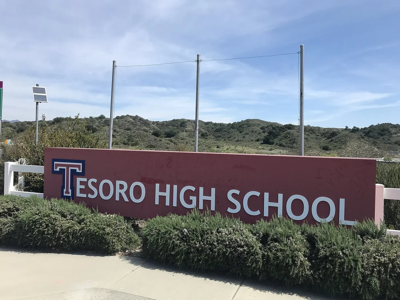 Photo of the Tesoro High School entrance, along Oso Parkway in unincorporated Orange County near Las Flores, California..