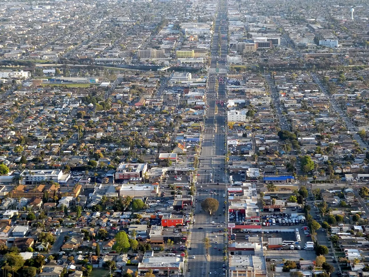 Aerial view of Hawthorne Boulevard in Lennox, April 2024.