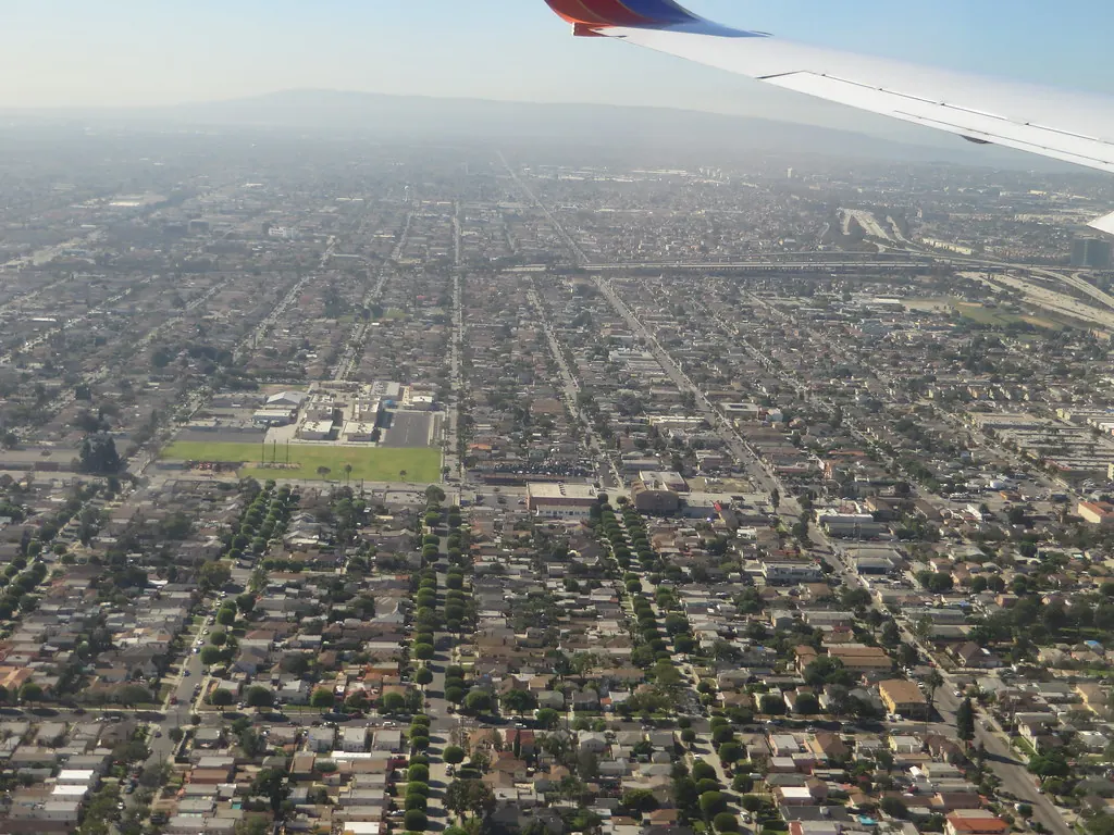 Aerial view over the Lennox neighborhood from a departing LAX flight.