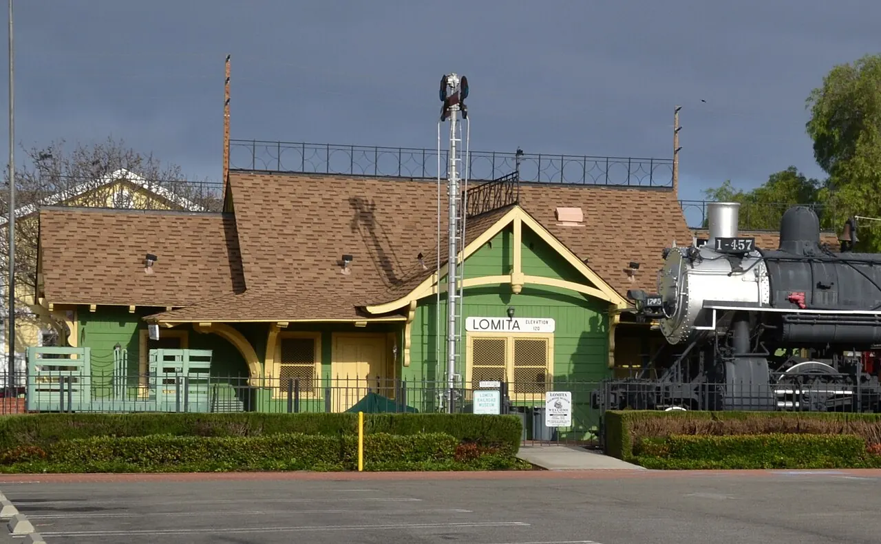 The Lomita Railroad Museum depot and restored Santa Fe steam locomotive