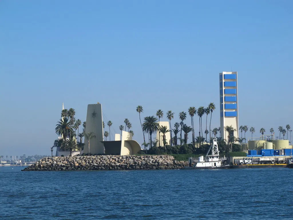 One of Long Beach's THUMS oil islands, disguised as a resort-like structure offshore