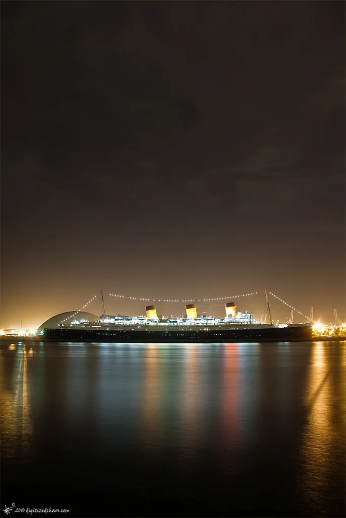 The Queen Mary lit up at night in Long Beach harbor