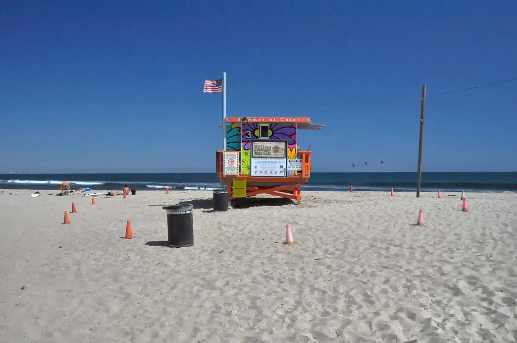 A colorful lifeguard tower on Malibu Beach.