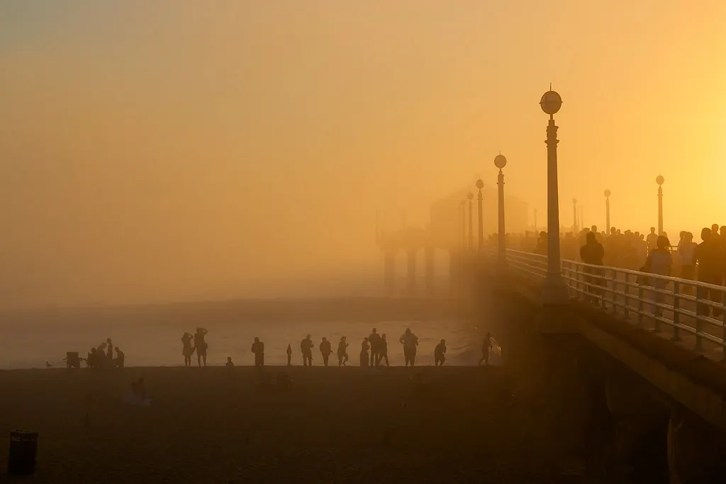 The Manhattan Beach Pier in a touch of fog at sunset.