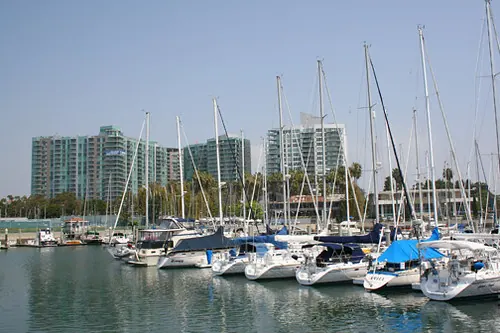 Sailboats and waterfront residences in Marina del Rey.