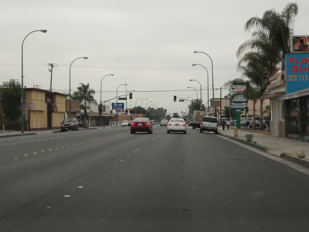 A commercial street in Maywood, California.