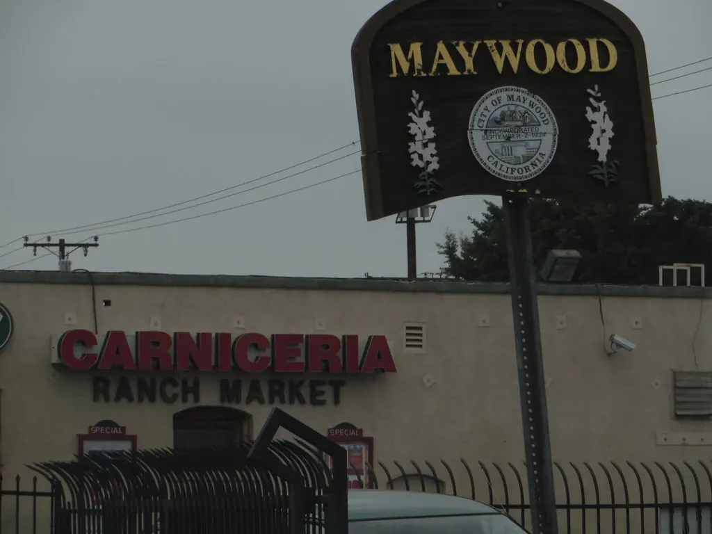 The Maywood welcome sign with the city seal, incorporated September 2, 1924.