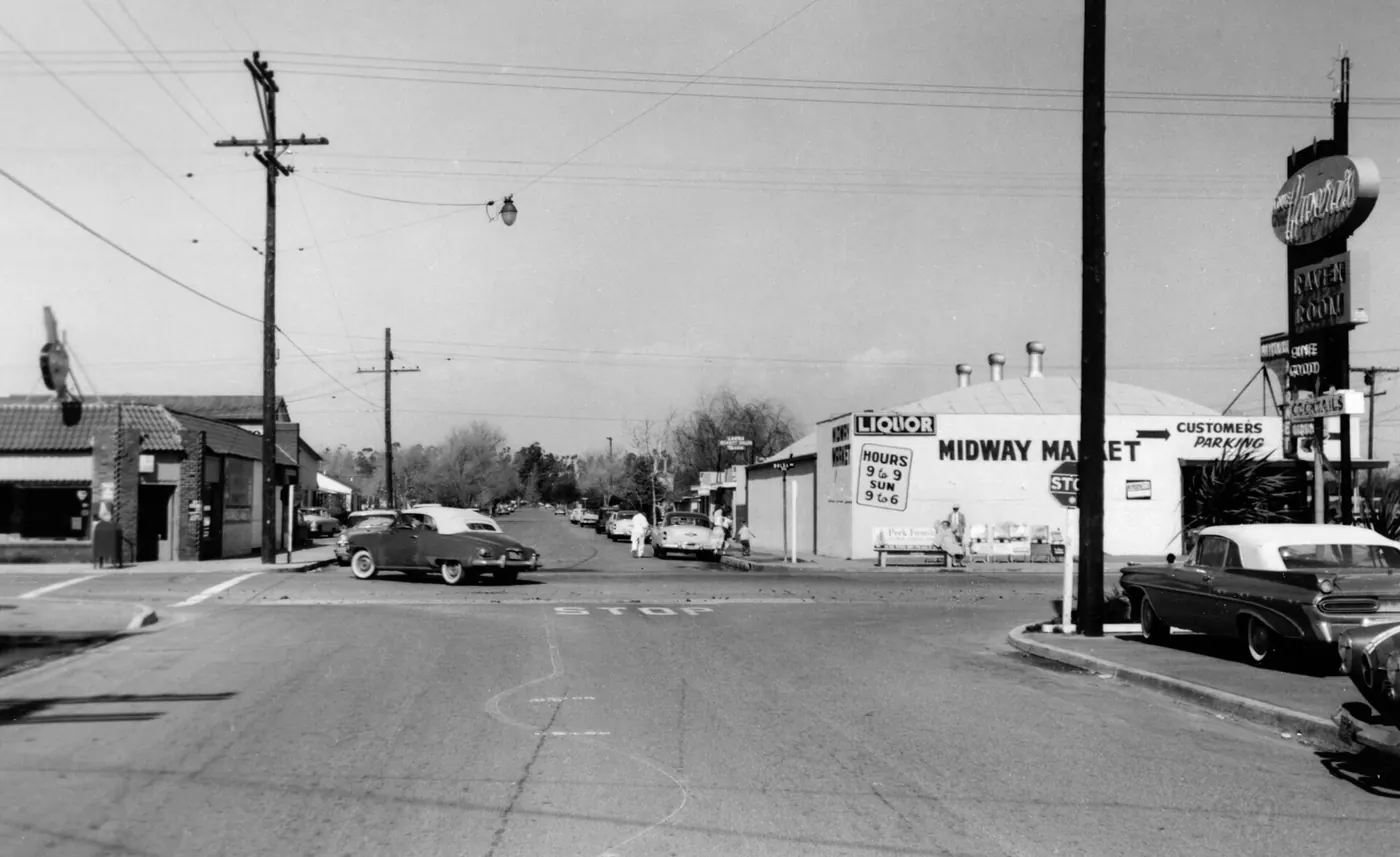 Photo of Jackson Street in Midway City, California, United States circa 1960s looking north on Jackson Street across Bolsa Avenue, from approximately in front of the old Midway City office of the Cali.