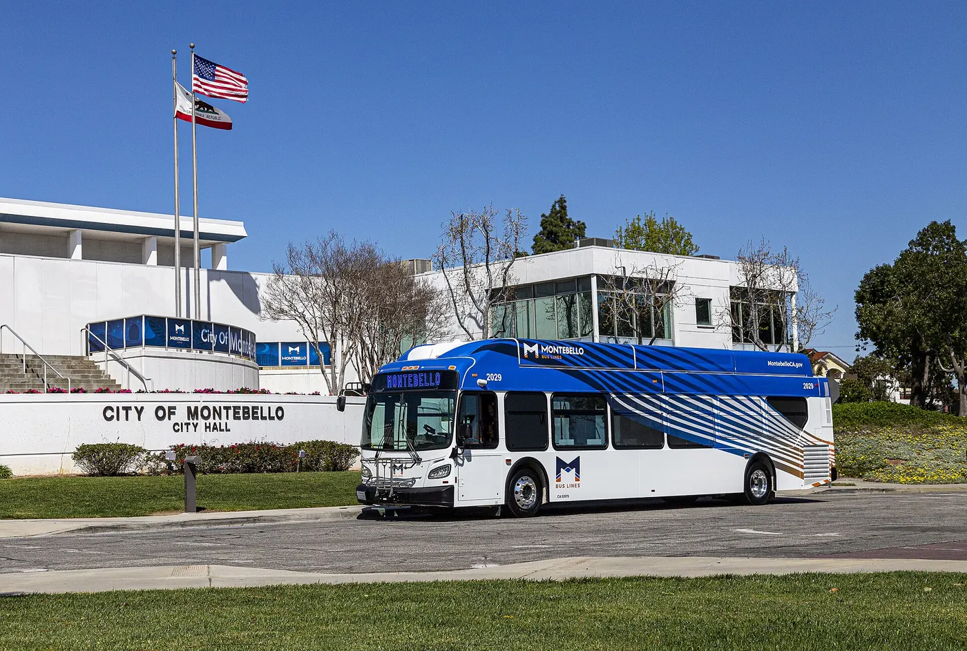 Montebello Bus Lines bus parked outside Montebello City Hall