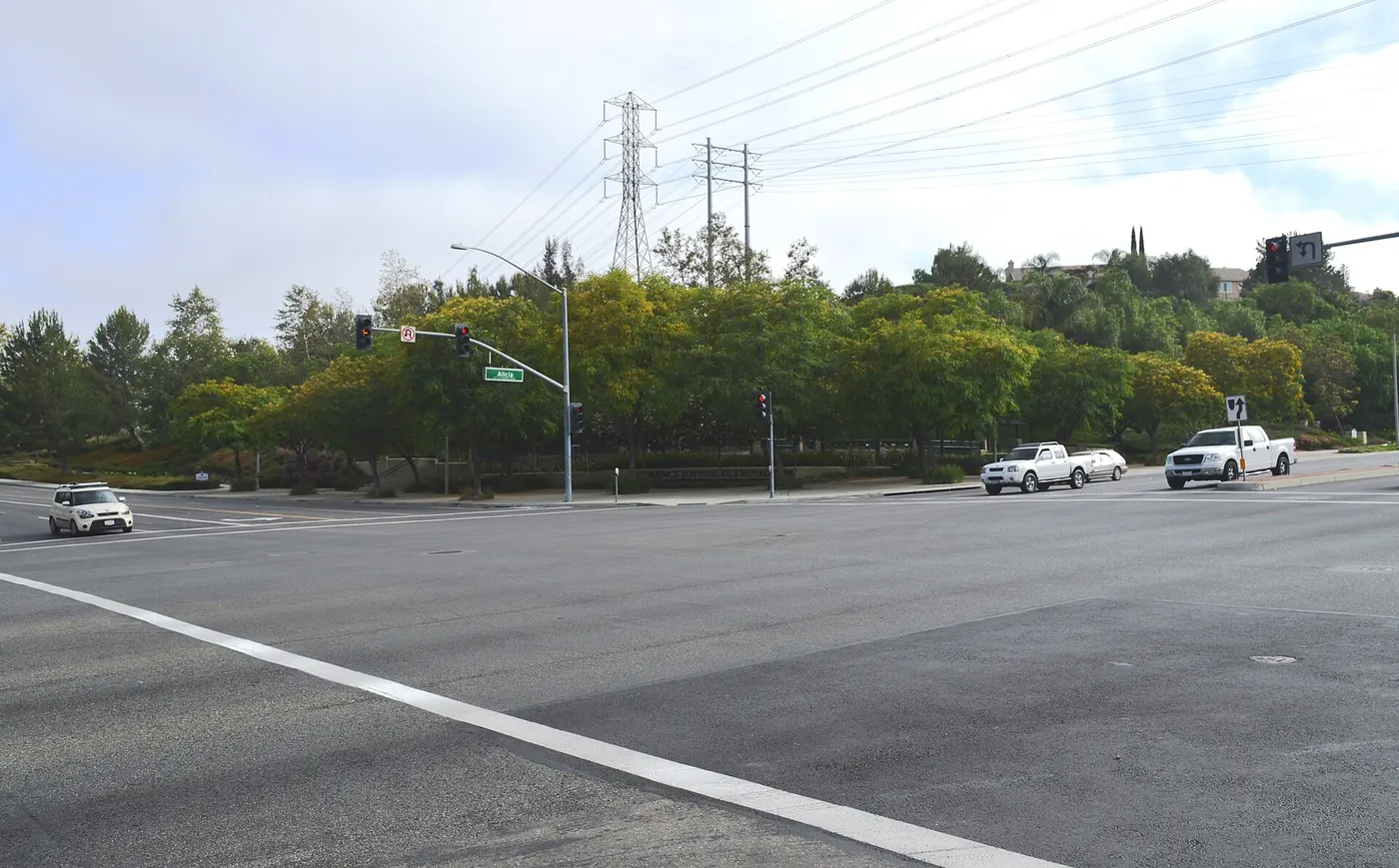 View of Olympiad Park from diagonally across the street, at the intersection of Alicia Parkway and Olympiad Road - Mission Viejo, Orange County, California..