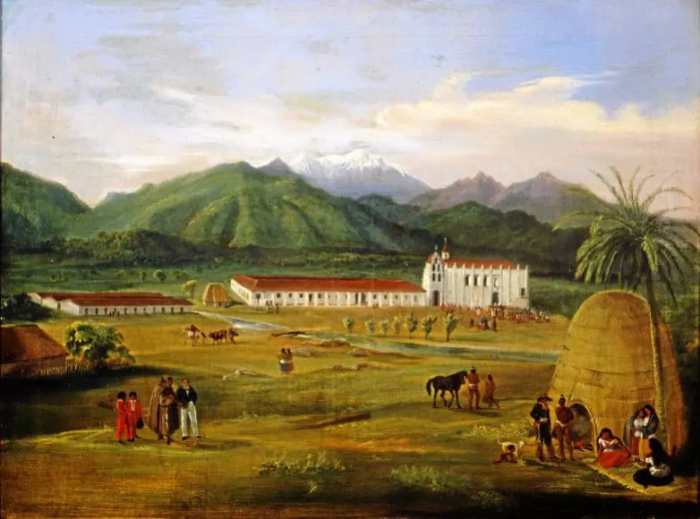 Painting of San Gabriel by Ferdinand Deppe (1832). This is the first oil painting done of a California Mission. It shows one of the Gabrielino's domed, circular structures (kiiy) thatched with tule