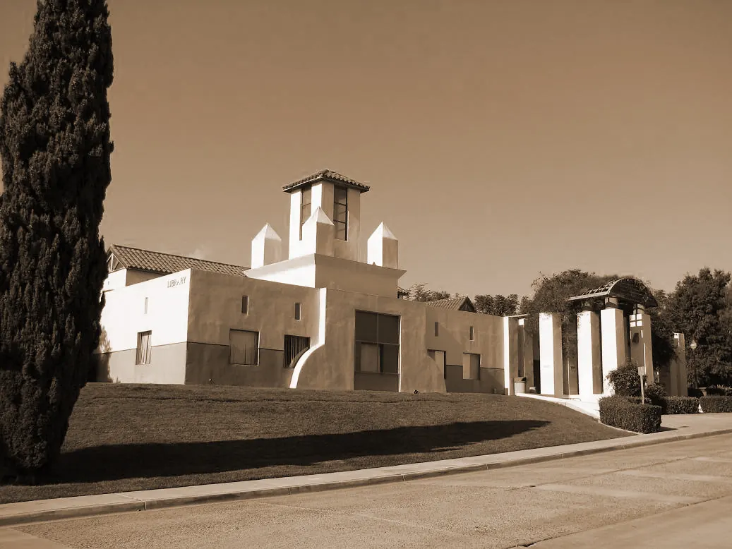 Front view of the Public Library, Place: San Juan Capistrano, California. Sephia Effect to make it look oldie !! :-).