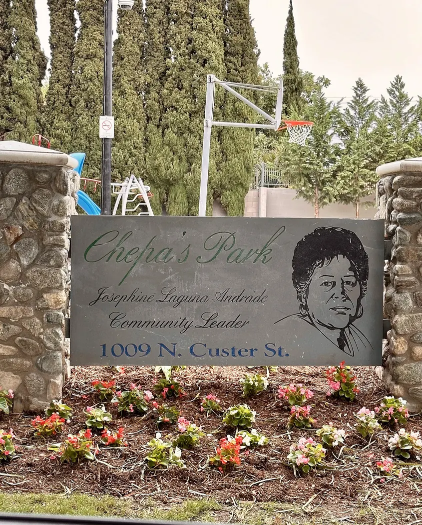 Chepa's Park dedication sign with the image of Josephine "Chepa" Andrade..