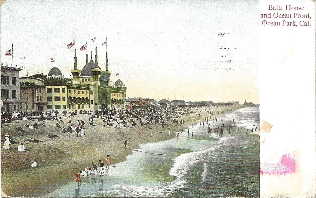 Post card of the Bath House and Ocean Front, Ocean Park, California, ca. 1907 (M. Rieder, publisher)