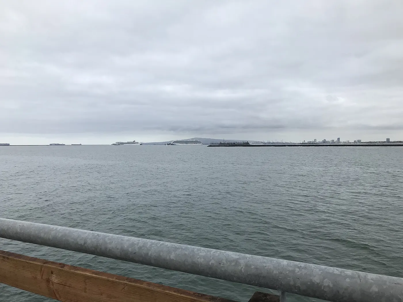 Container ships lined up for port.