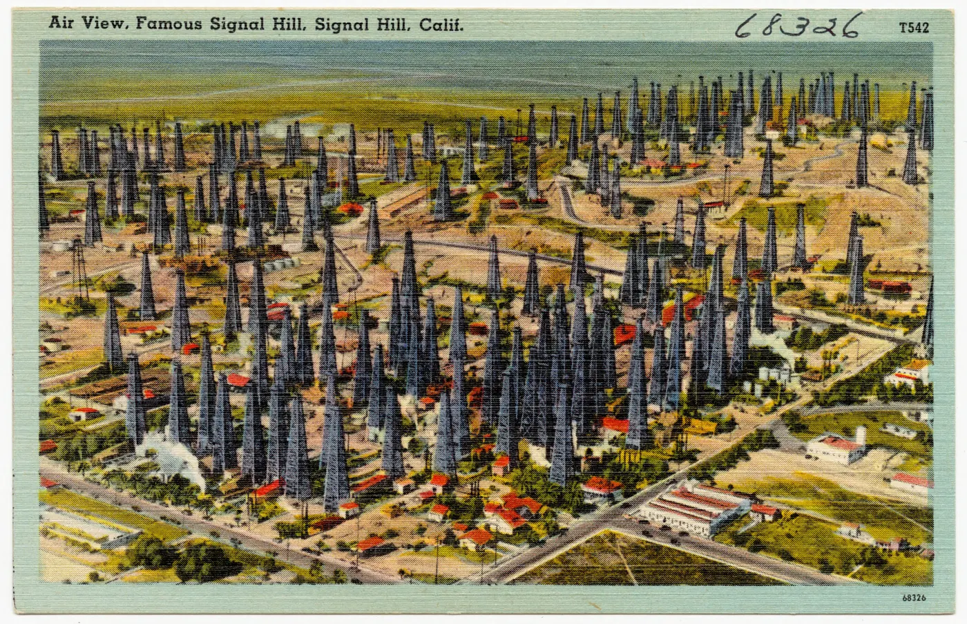 Title: Air View, Famous Signal Hill, Signal Hill, Calif. Places: California > Los Angeles (county) > Signal Hill Notes: Title from item. Extent: 1 print (postcard) : linen texture, color ; 3 1/2 x 5 1/2 in