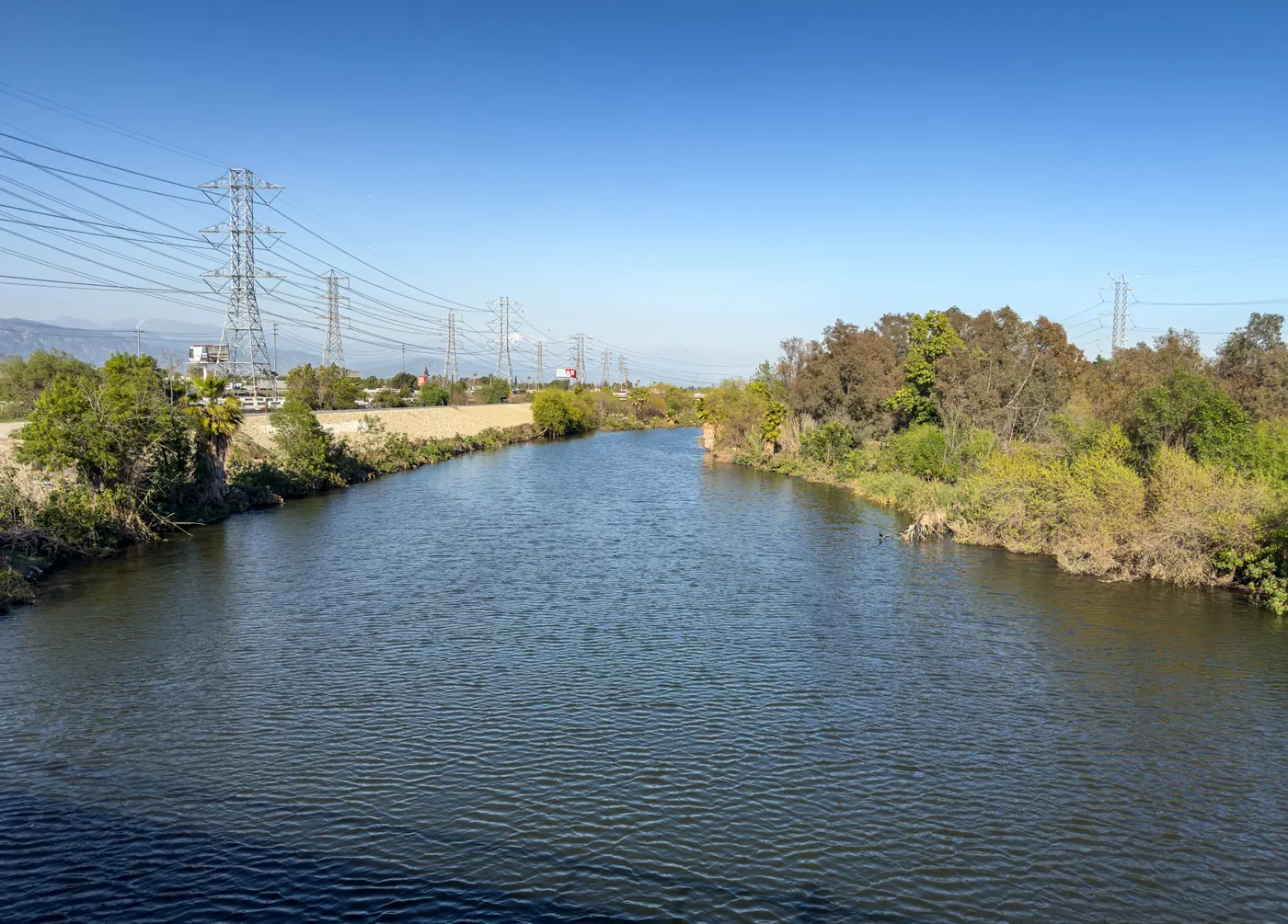 San Gabriel River from Peck Road Bridge. South El Monte is on the left side and City of Industry is on the right side of the river in this image