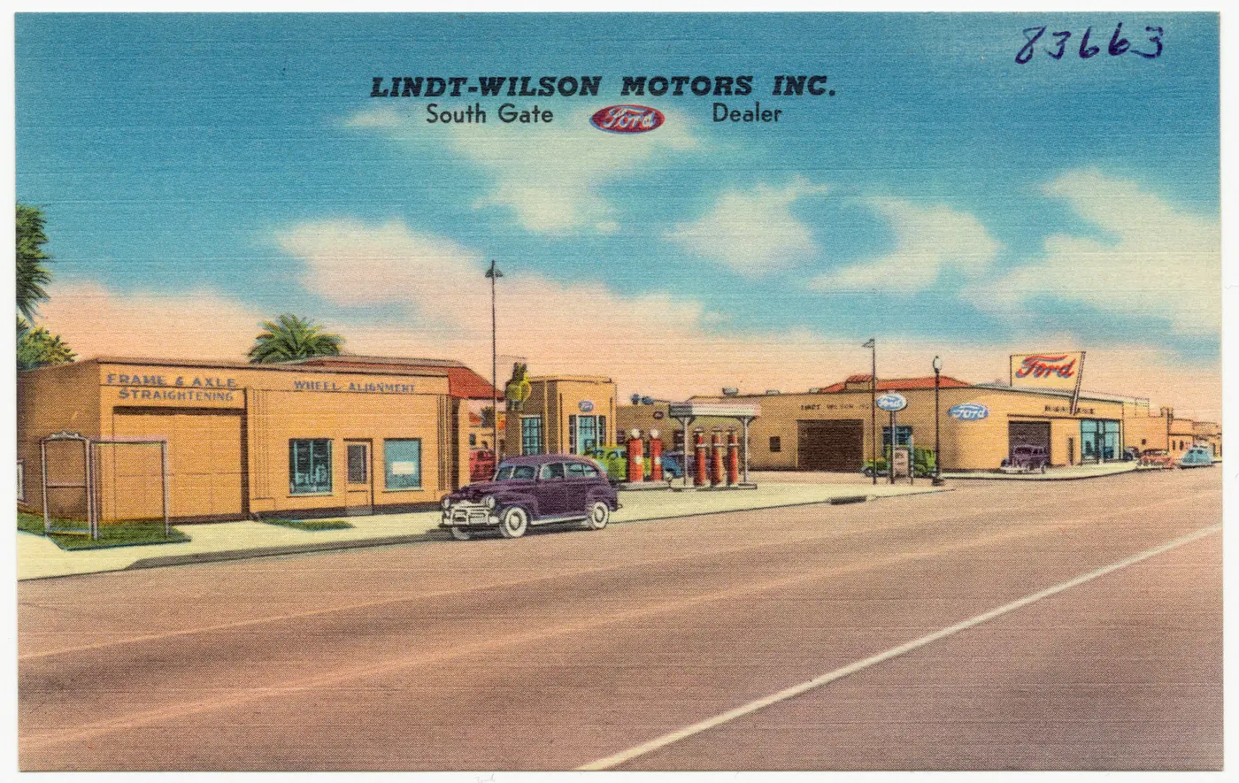 Title: Lindt-Wilson Motors Inc., South Gate Ford Dealer Subjects: Commercial facilities Places: California > Los Angeles (county) > South Gate Notes: Title from item