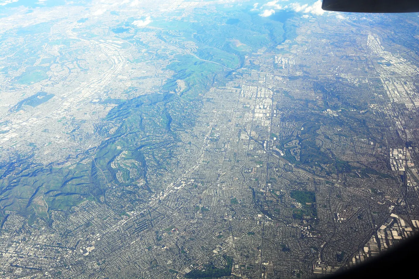 Aerial view looking just north of east toward South San Jose Hills, California (left), Fullerton (center), and Anaheim (right)