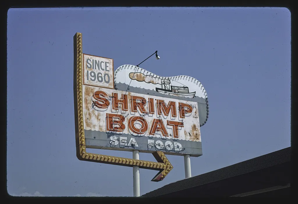 Margolies, John,, photographer. Shrimp Boat Restaurant sign, Rosemead Boulevard, Temple City, California 1991. 1 photograph : color transparency ; 35 mm (slide format)