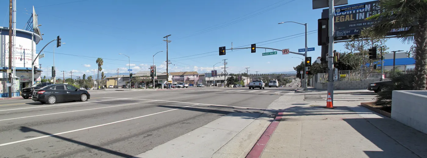 Wide view from the hill on Slauson at Buckler, looking over the community toward downtown Los Angeles.