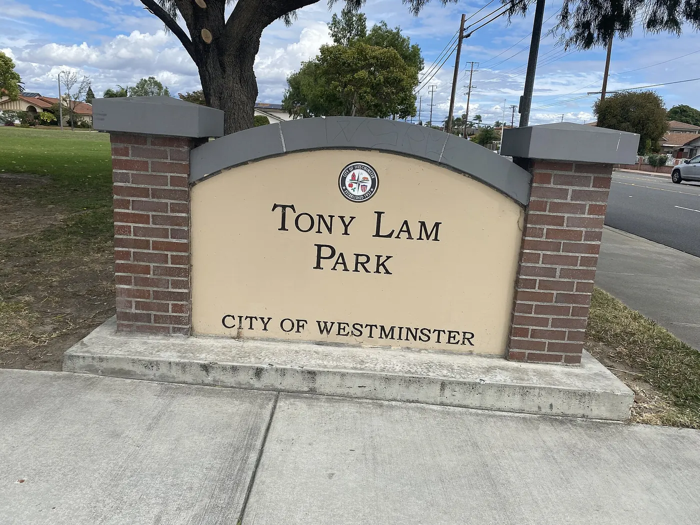 Tony Lam Park entrance sign, Westminster, CA, May 4, 2026.