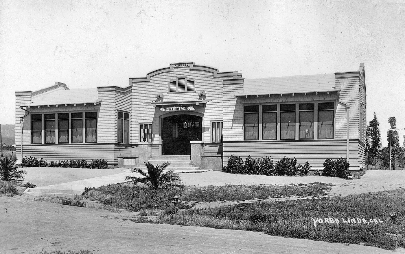 Yorba Linda School — in Yorba Linda, Orange County, California (photo circa 1918). The school was built in 1913. Note the "blue star" Service Flag in the window. There are no known copyright restri.