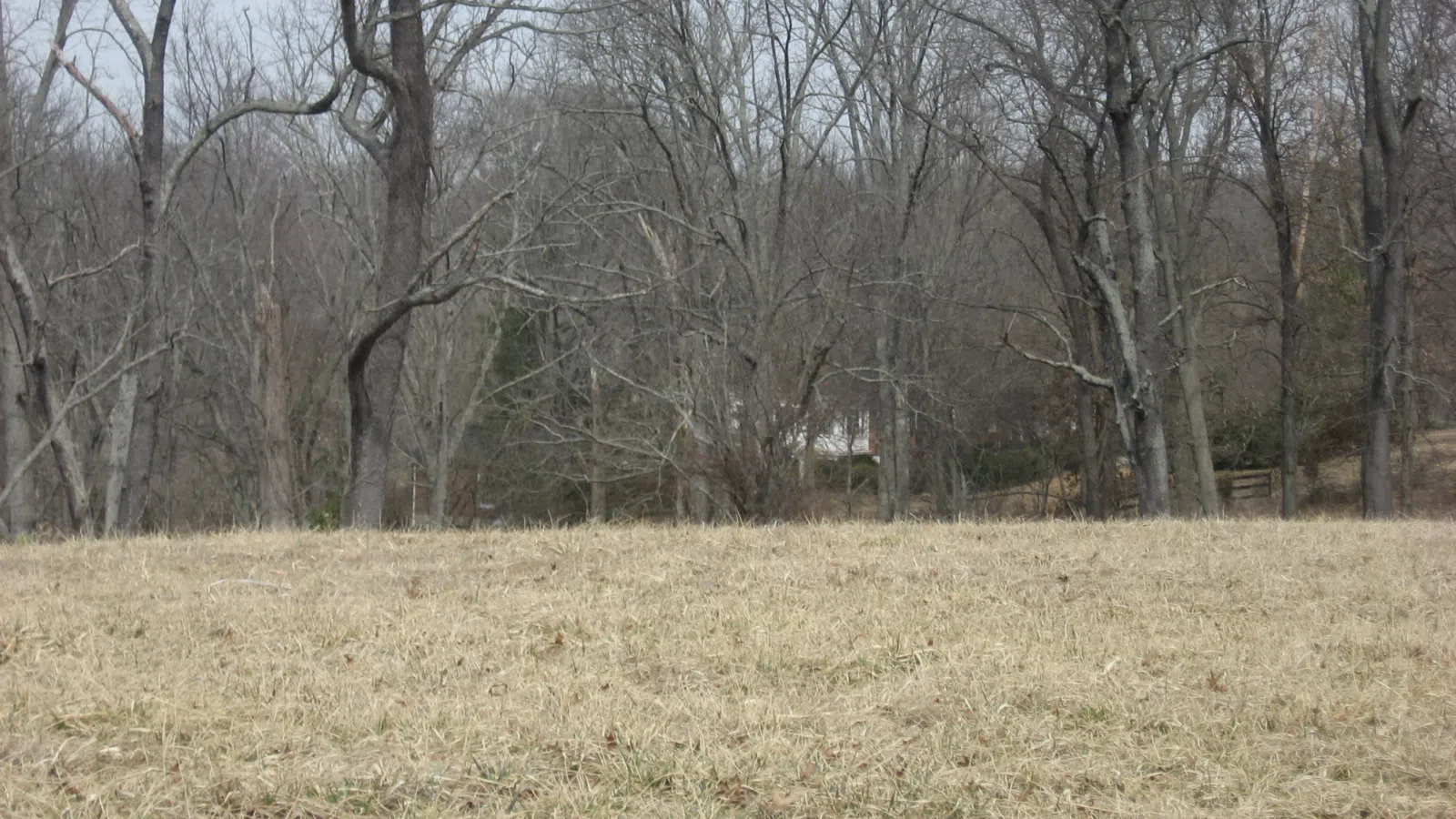 View through the trees of the original farmhouse at the Fincastle estate, located at 7501 Wolf Pen Branch Road in Prospect, Kentucky, United States. Built in the 1860s, it is listed on the National Register of Historic Places along with the rest of the estate, which has been named a historic distric