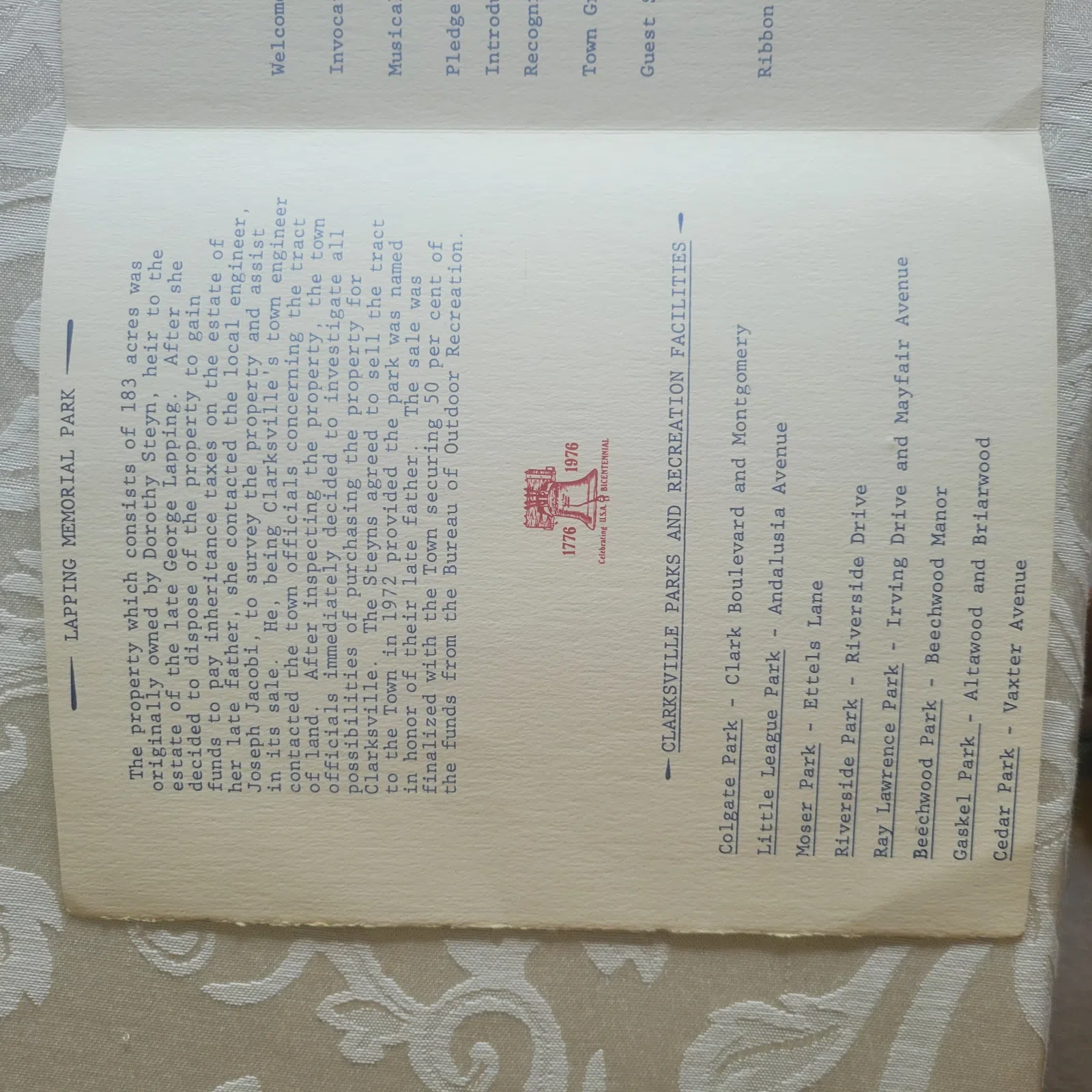 Lapping Park Dedication Program 2nd page