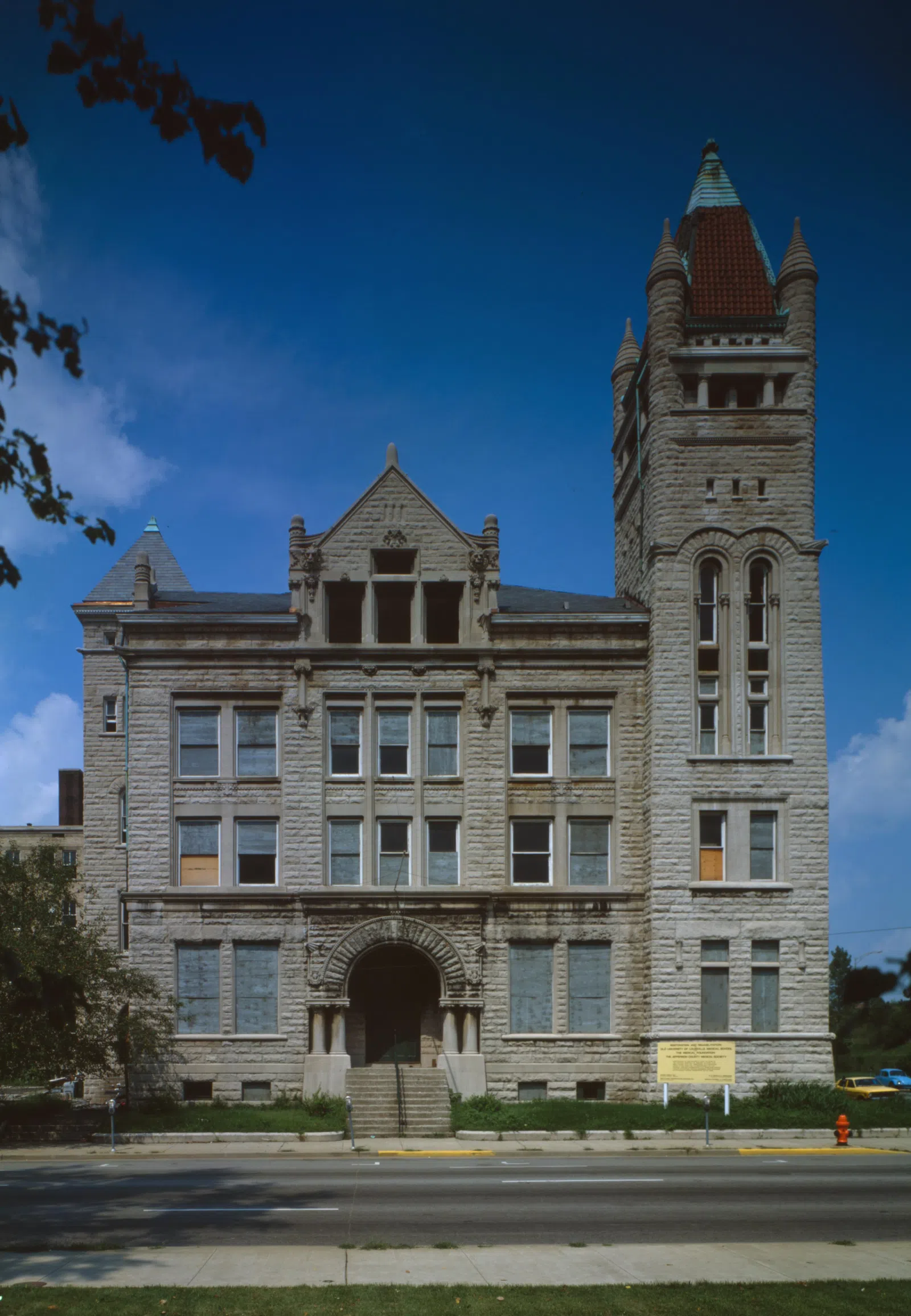 Front of the University of Louisville School of Medicine, located at 101 W. Chestnut Street on the campus of the University of Louisville in Louisville, Kentucky, United States. Built in 1891, it is listed on the National Register of Historic Places.