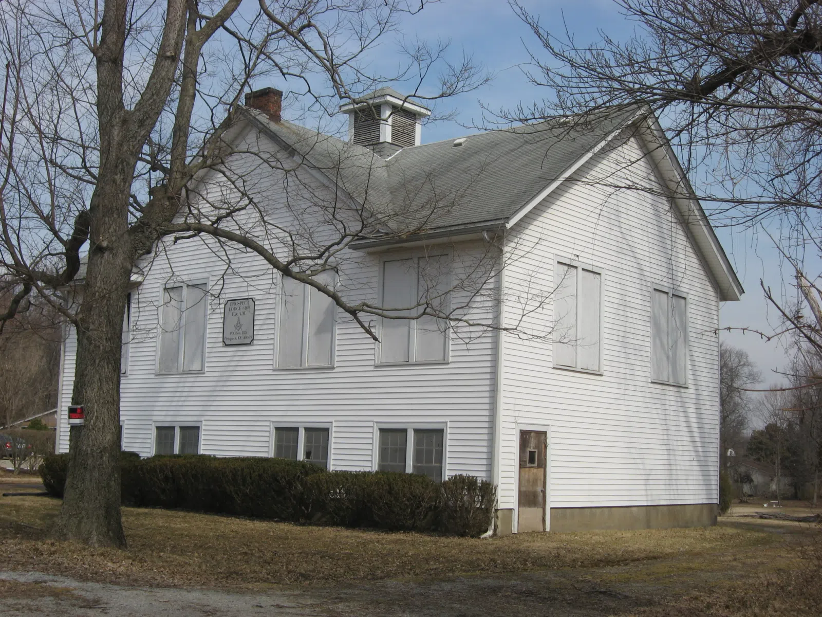 Southern end and front of the Jefferson Jacob School, located at 6517 Jacob School Road in Prospect, Kentucky, United States. Built in 1918 and now home to a Prince Hall Masonic lodge, it is listed on the National Register of Historic Places.