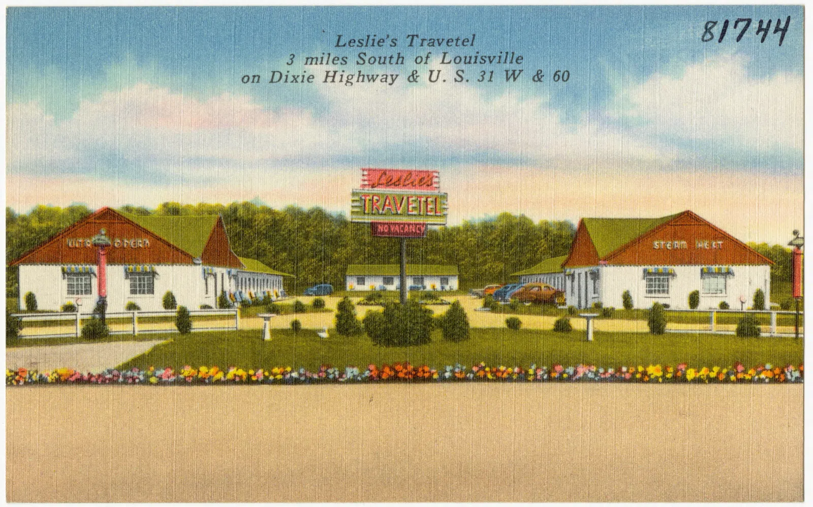 Title: Leslie's Travetel, 3 miles south of Louisville on Dixie Highway & U. S. 31 W & 60 Subjects: Motels Places: Kentucky > Jefferson (county) > Shively Notes: Title from item. Extent: 1 print (postcard) : linen texture, color ; 3 1/2 x 5 1/2 in. Accession #: 06_10_014084a