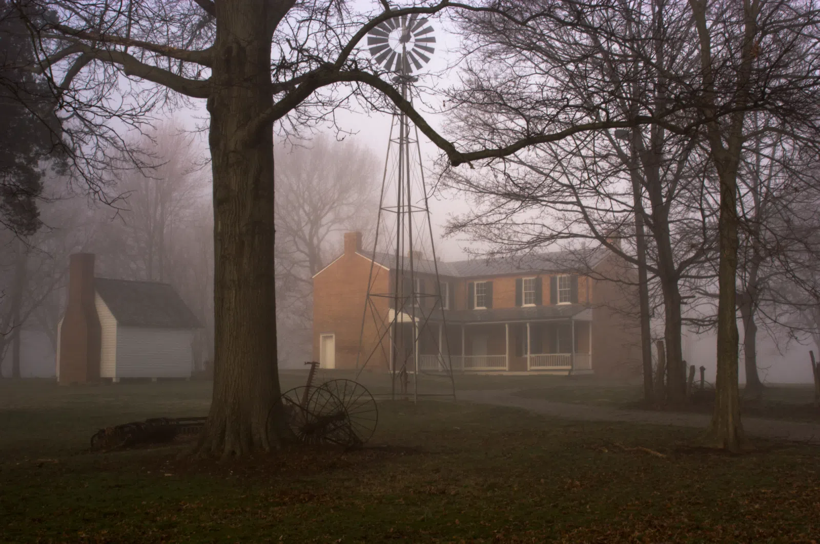 The Farnsley-Moorman House on a foggy morning (rear view). The Farnsley-Moremen House is at Riverside, The Farnsley-Moremen Landing in Valley Station, Louisville.