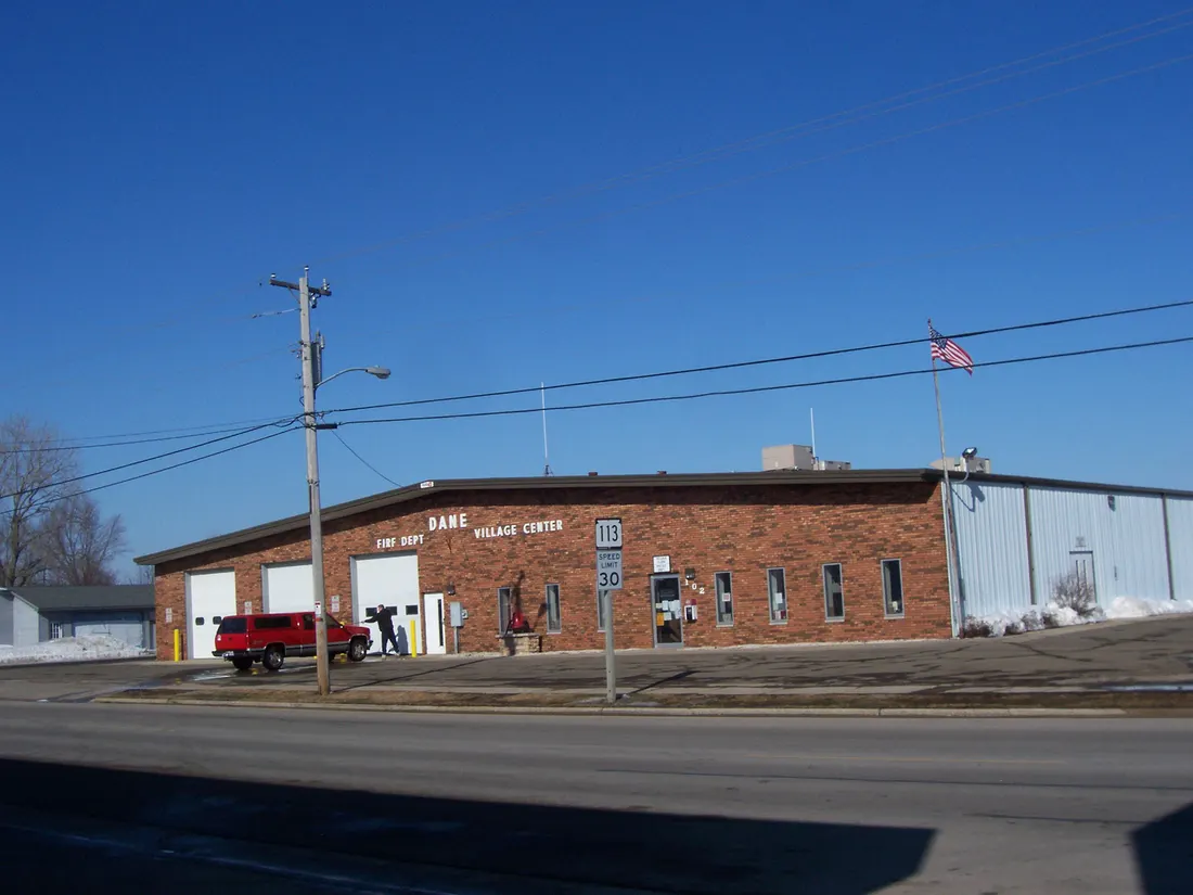 Looking northwest at the village center and fire station for w:Dane, Wisconsin (the village, not the county) on w:Wisconsin Highway 113.