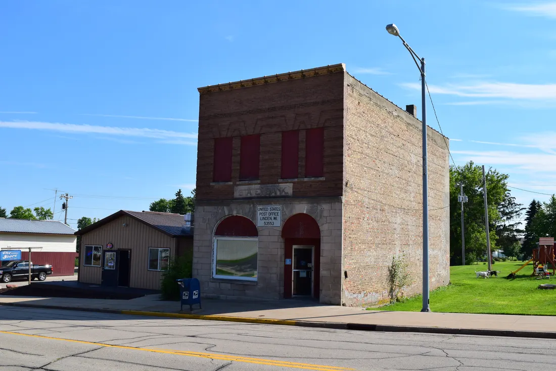 Post office in a historic bank building in Linden, Wisconsin.