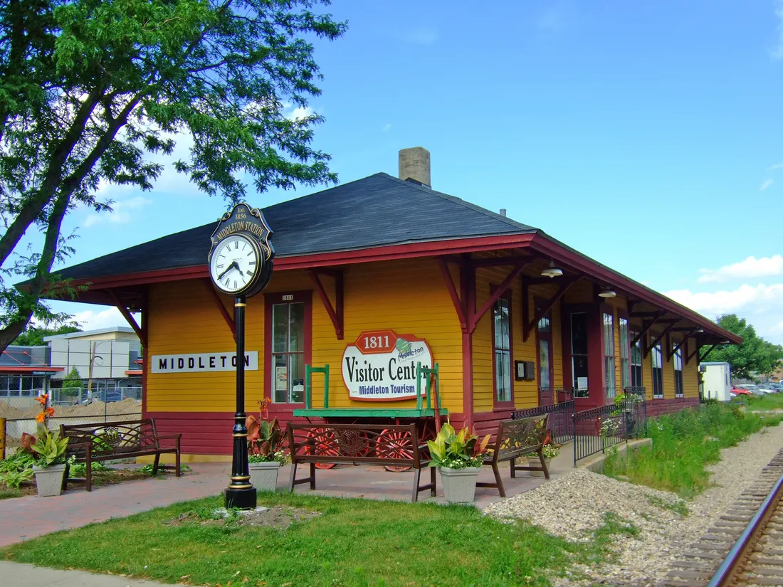 In 1856, a depot was built by the Milwaukee-Mississippi Railroad Company to serve the community then called Middleton Station. It was replaced by another depot which burned. The present building was erected in 1895 and had a passenger waiting room, a freight room, and a station agent's office. It