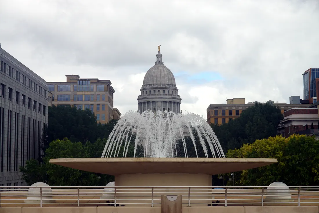 The Wisconsin State Capitol viewed from Monona Terrace in Madison, Wisconsin (United States).
