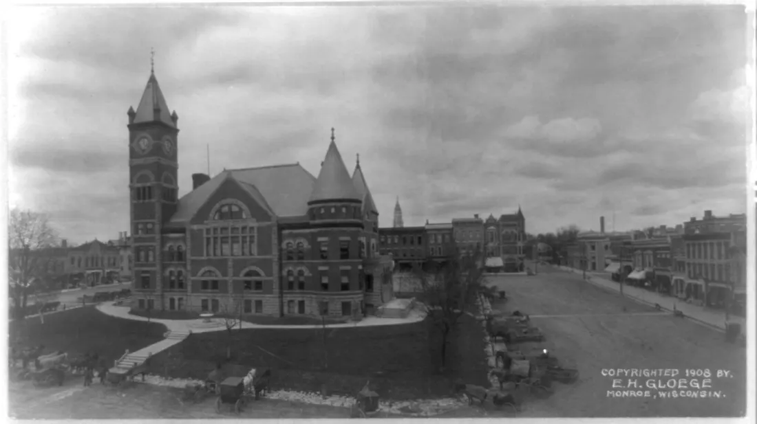 Title: Courthouse and square, Monroe, Wisconsin
