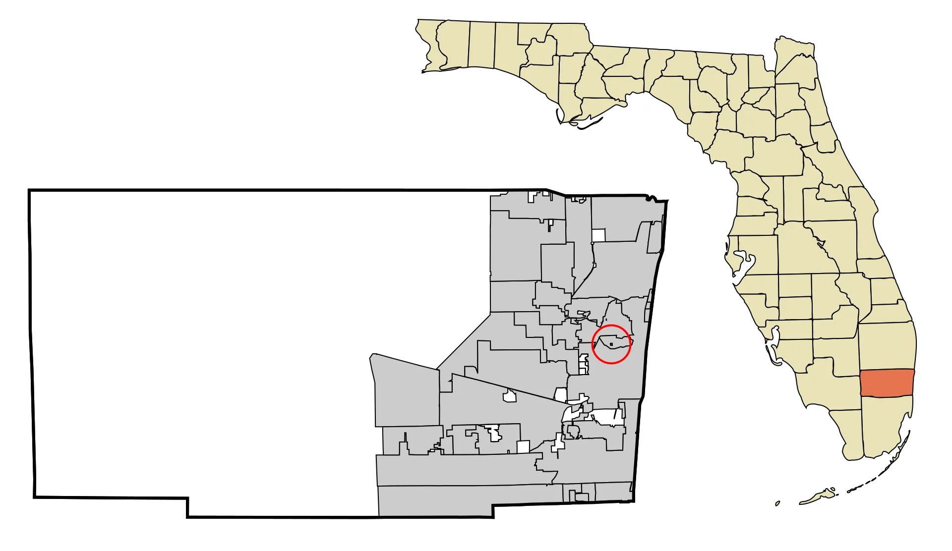 Broward County map highlighting the village of Lazy Lake.