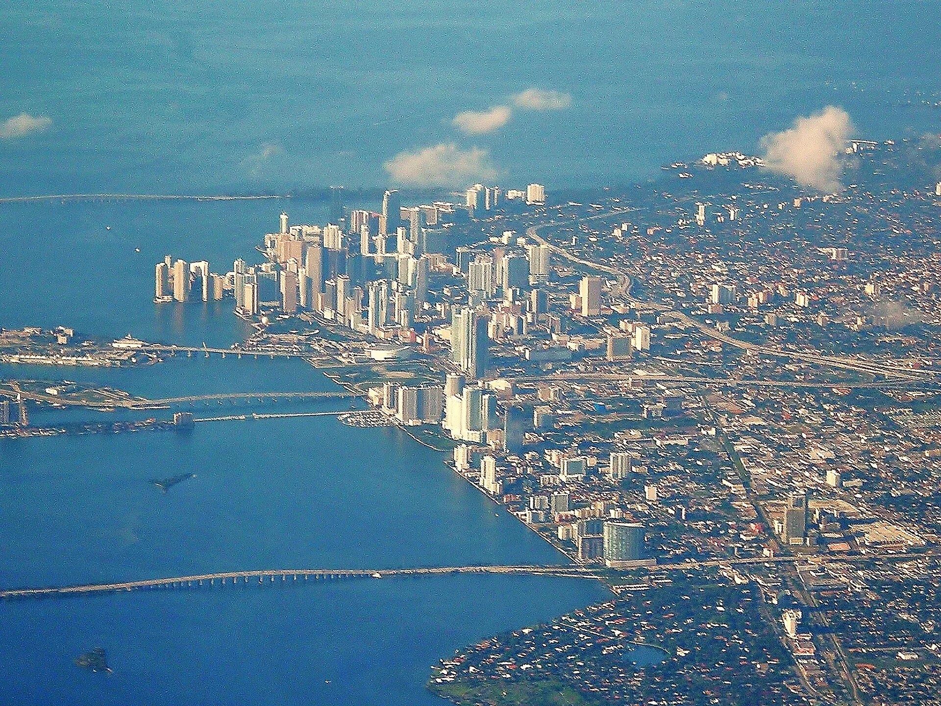 Aerial view of downtown Miami and Biscayne Bay.