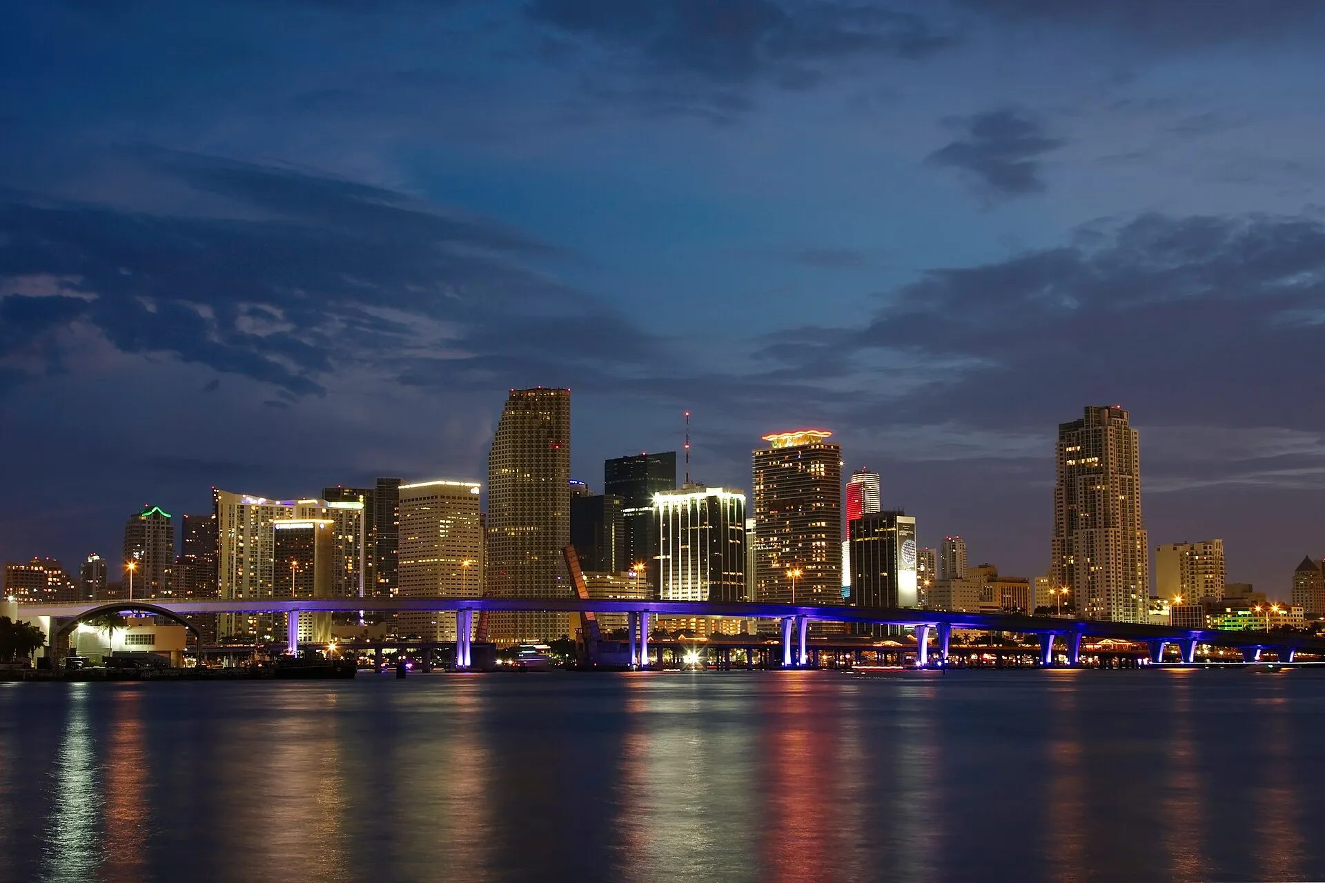 The Miami skyline lit at night.