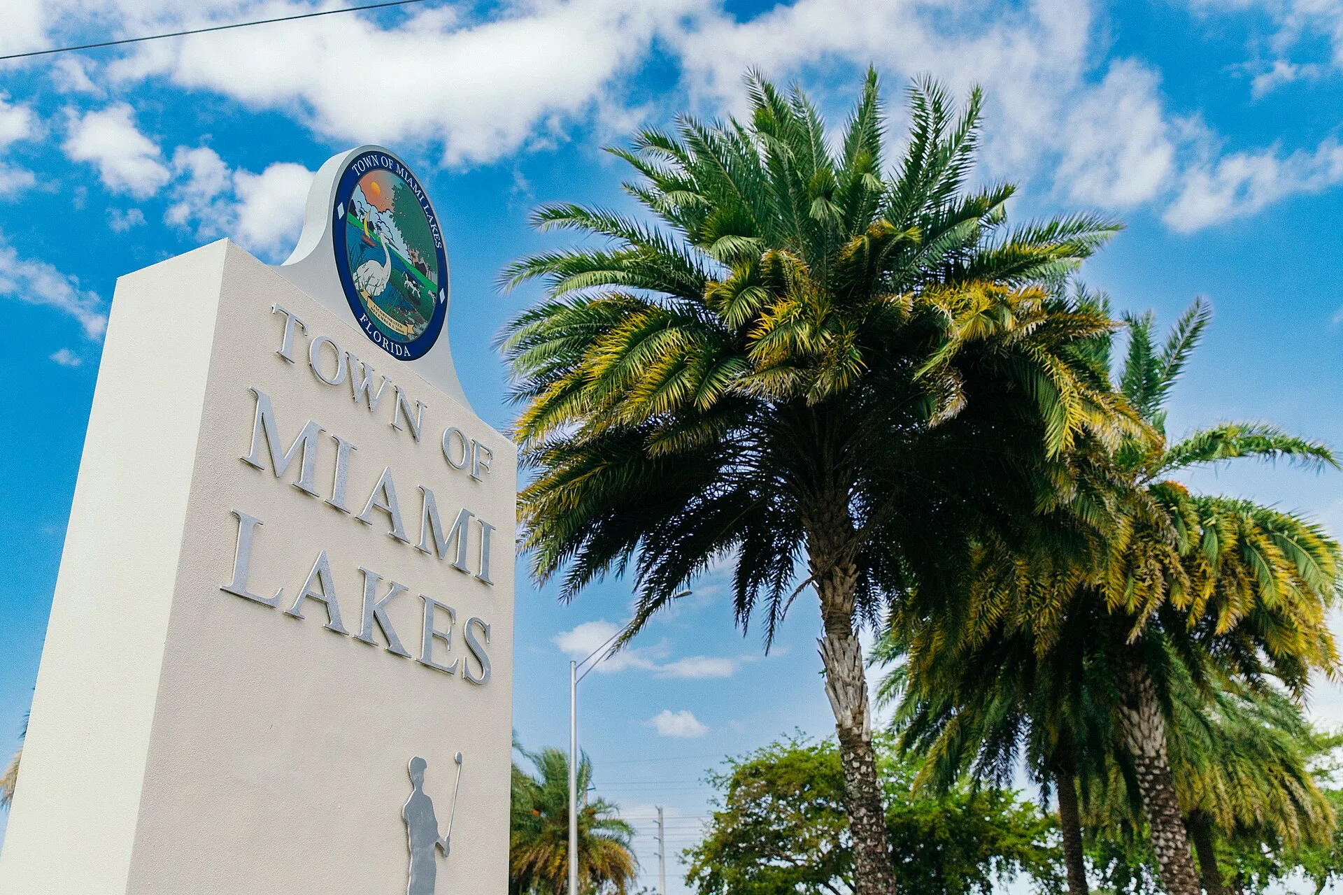 The entrance feature on Miami Lakes Drive.