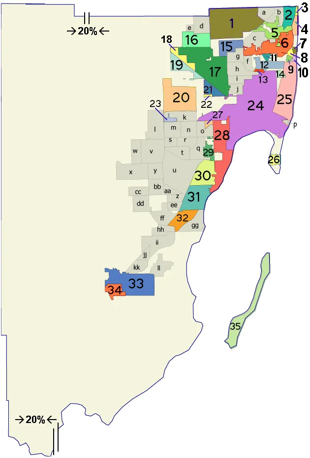 Closer-view map of Miami-Dade County municipalities and CDPs, with Quail Heights in the southern part of the county.