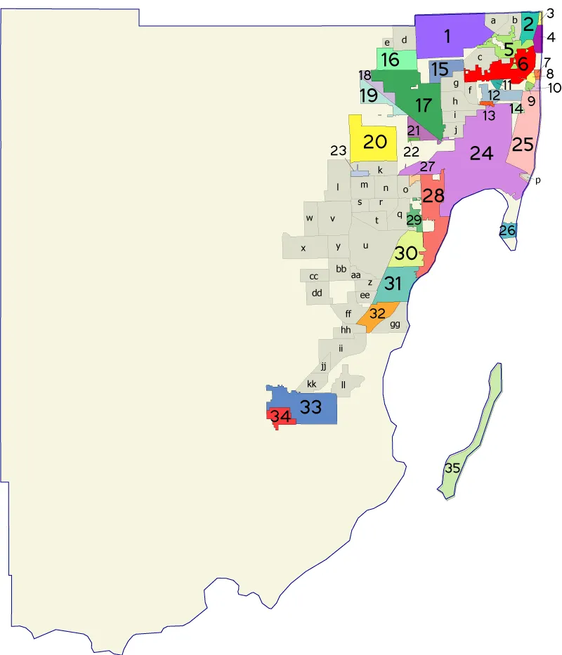Map of municipalities and census-designated places in Miami-Dade County, showing West Little River in context.