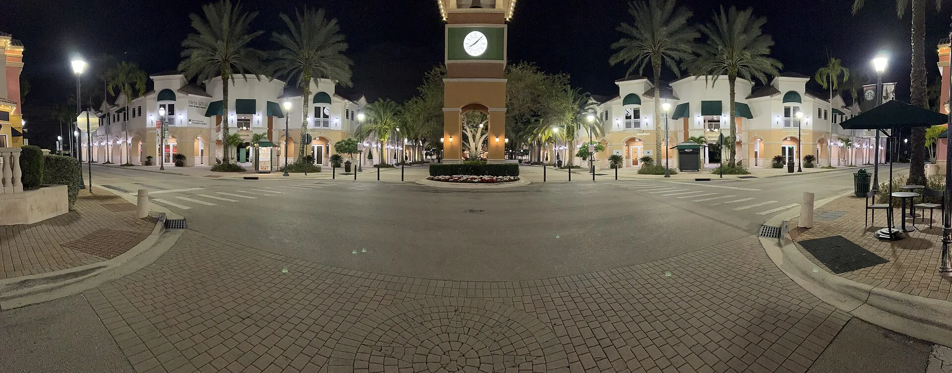 Panoramic view of the clock tower at Weston Town Center (Main Street and Bell Tower Lane), February 24, 2022.