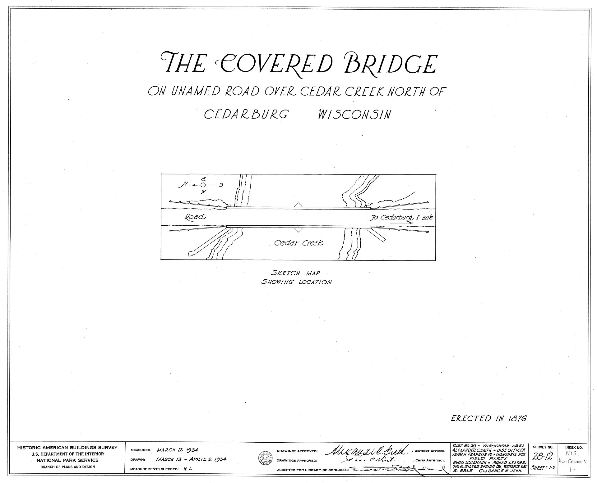 HABS sketch of the Cedarburg covered bridge — location and top view.