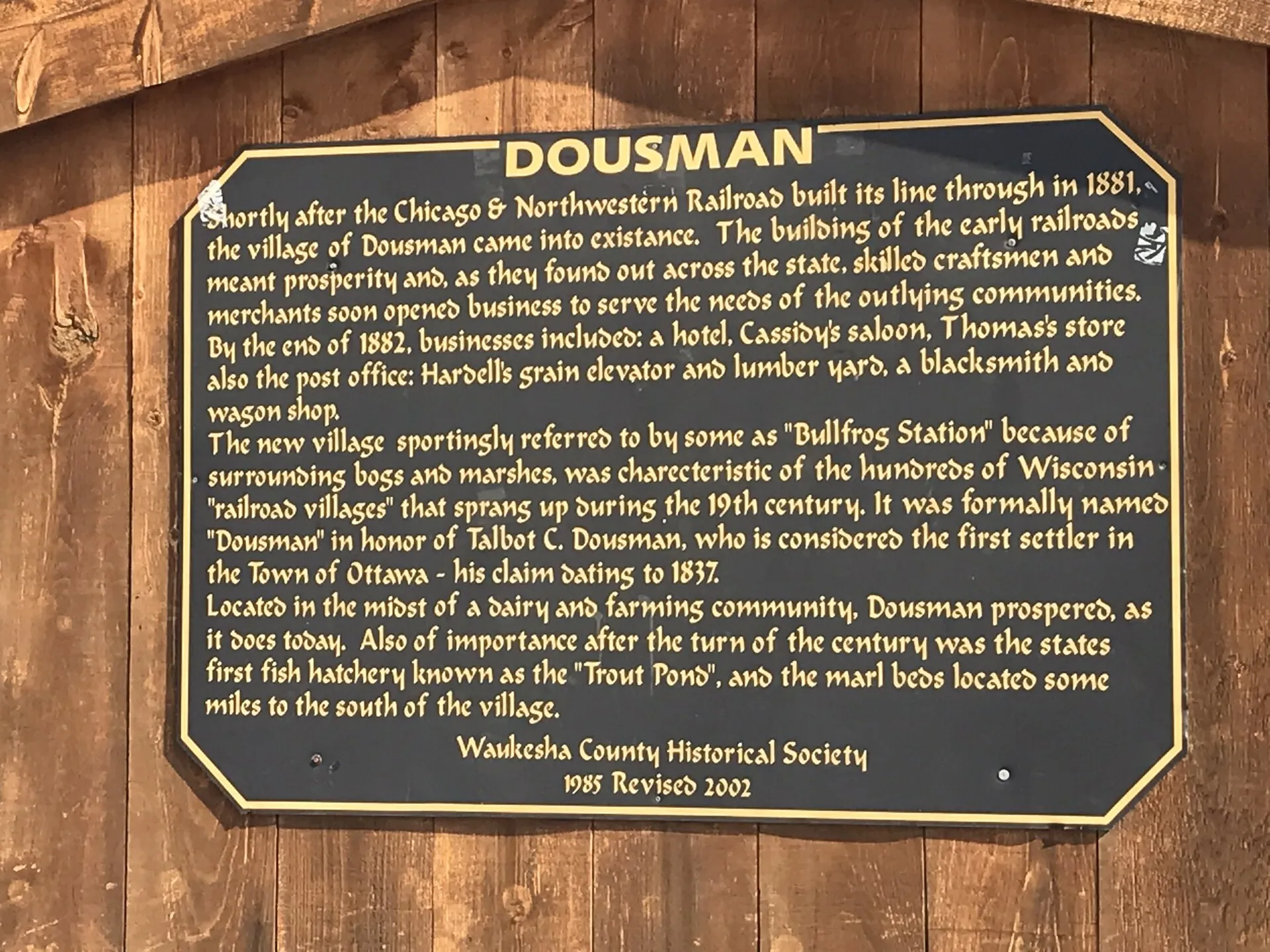History of Dousman, Wisconsin described on a sign in Cory Park.
