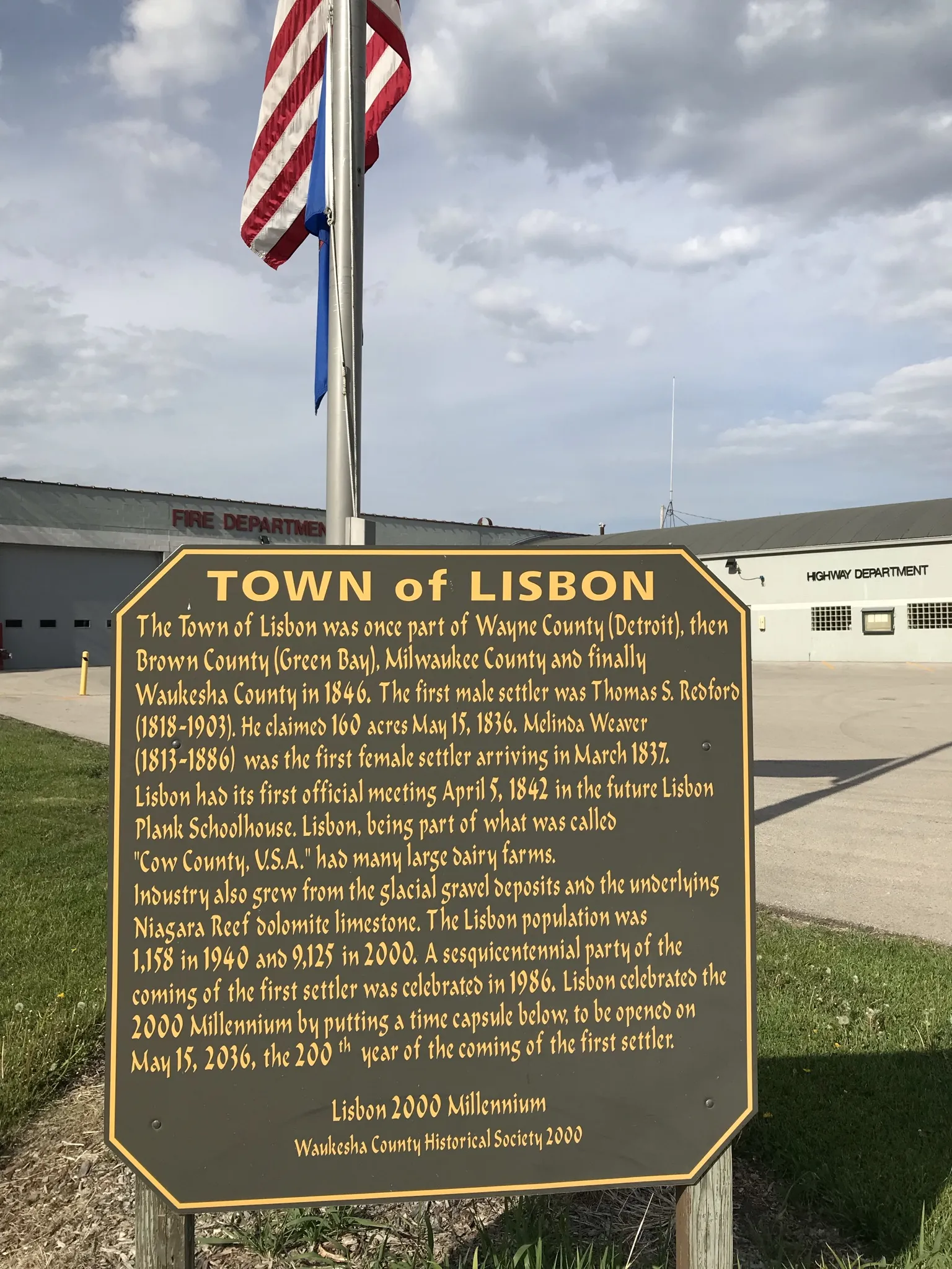 "Town of Lisbon" history marker sign (photographed 2021, before the 2023 village incorporation).