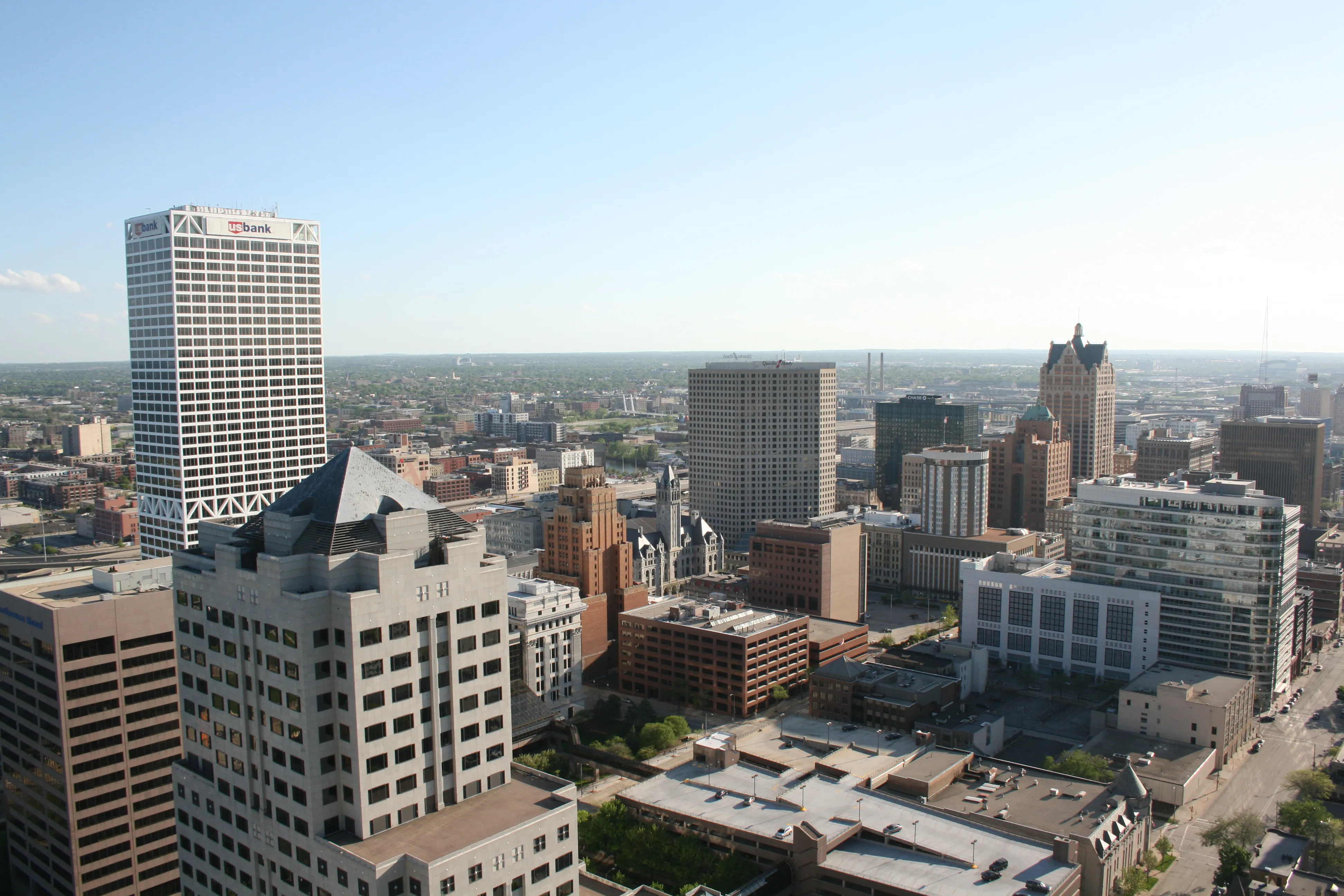 Downtown Milwaukee from University Club Tower; Miller Park and the Valley Power Plant in the distance.