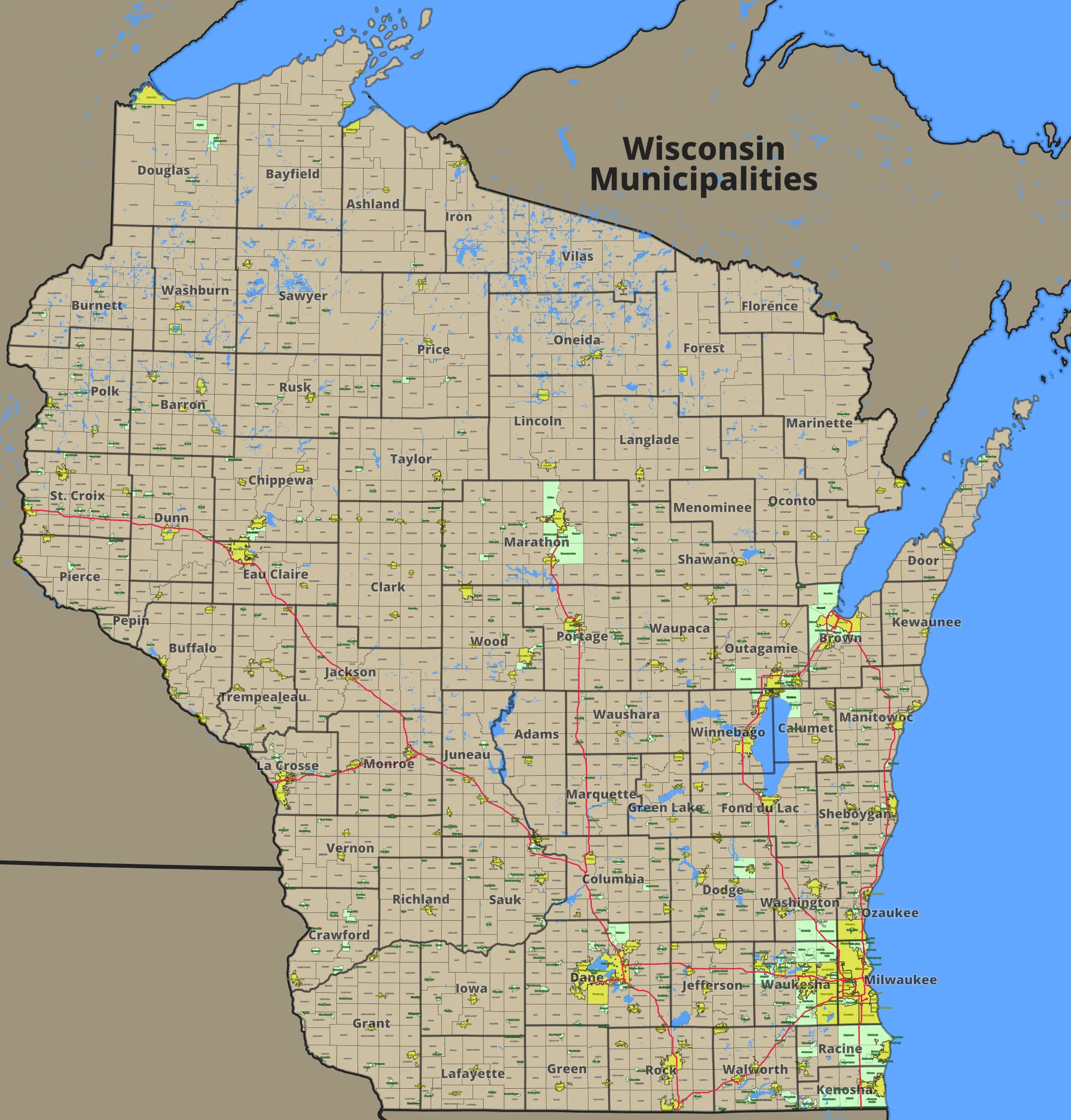 Map of municipalities in Wisconsin, showing cities, villages, and towns.